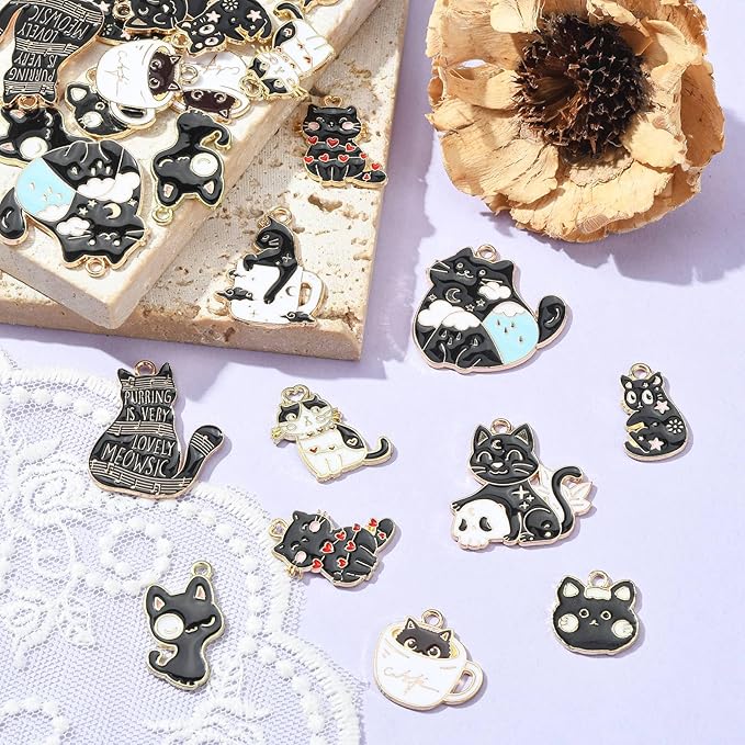 KitBeads 30pcs 10 Styles Black Cat Charms Kawaii Animal Pet Charms Tarot Halloween Celestial Kitten Charms for Jewelry Making Bracelets Bulk
