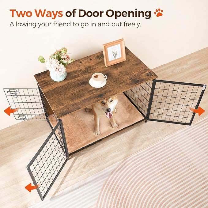 Dog Crate Furniture with Cushion, Wooden Dog Kennel with Double Doors, Heavy Duty Dog Cage for Small/Medium/Large Dogs, Indoor Dog House End Table, 39.4" L, Rustic Brown DCHR10701