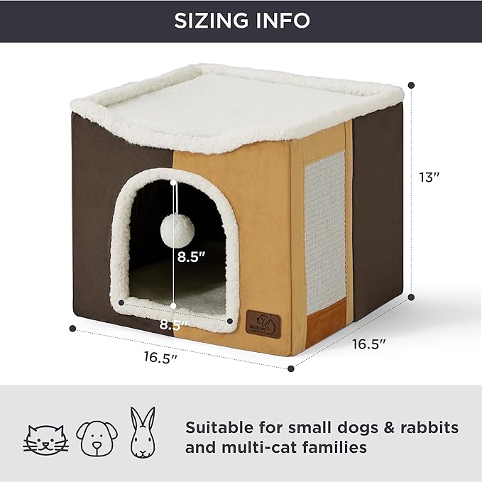 Bedsure Cat Beds for Indoor Cats - Large Cat Cave for Pet Cat House with Fluffy Ball Hanging and Scratch Pad, Foldable Cat Hideaway,16.5x16.5x13 inches, Honeycomb