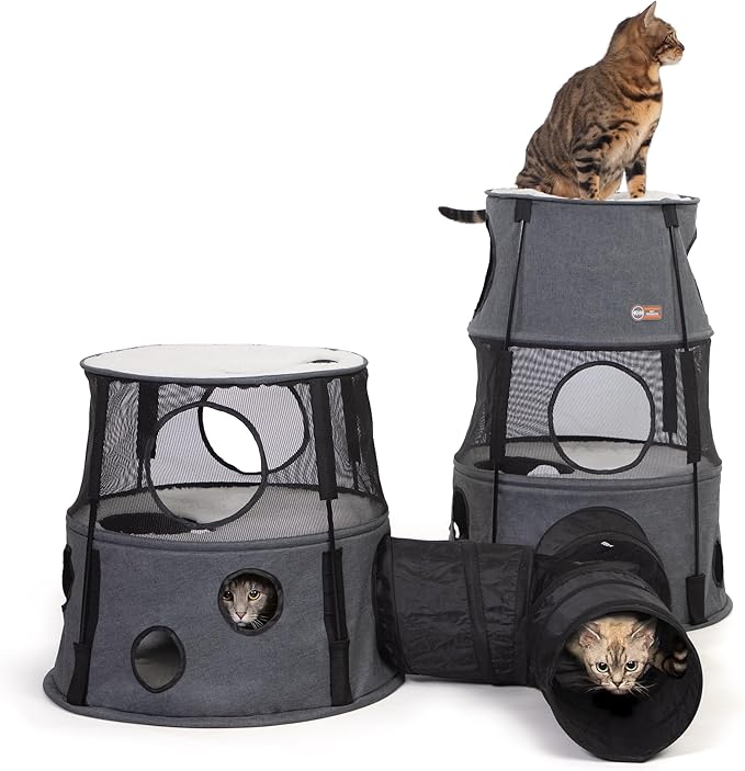 K&H Pet Products Cat Playground Bundle with 3 Level Tower + T Tunnel Tube + 2 Level Tower, Cat Tower Tree Condo for Indoor Cat Playground, Kitty Activity Tree Cave Cozy Hideaway Center, Gray