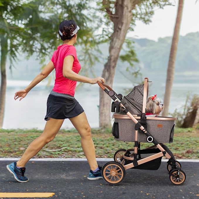 Pet Stroller with 4 Wheels, Foldable Pet Travel Carrier for Small/Medium Dogs Cats up to 50lbs, Detachble Portable Pet Bag, Storage Basket, 3 in 1 Multifunctional