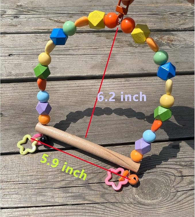 Wooden Bird Swings for Large Parrots, Cockatiel Perch Parakeet Swing Hanging Birdcage Stands Playground Play Gyms Accessories Colorful Beads Climbing Toy for Lovebirds Conures Budgies