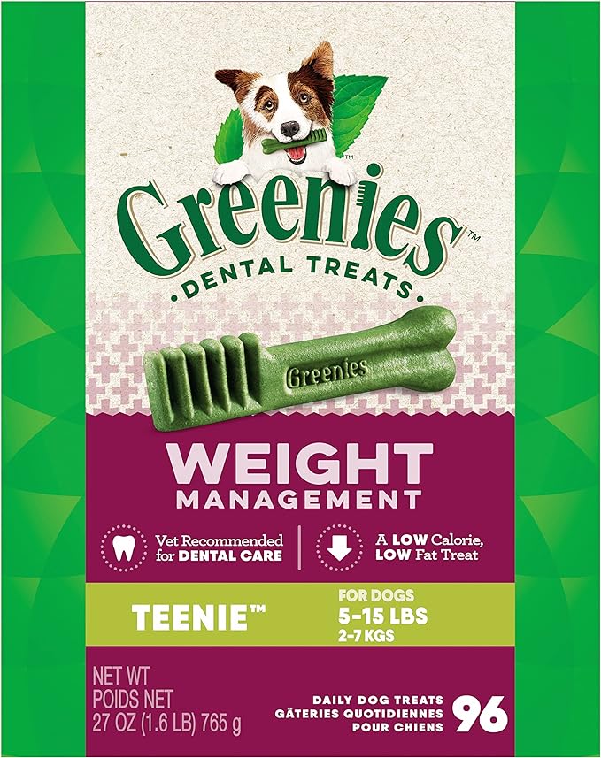 Greenies Weight Management Teenie Natural Dog Dental Care Chews Weight Control Dog Treats, 27 oz. Pack (96 Treats)