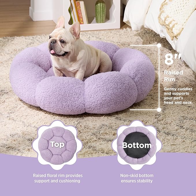 Lesure Calming Medium Dog Bed - Flower Donut Round Fluffy Puppy Bed in Plush Teddy Sherpa, Non-Slip Cute Flower Cat Beds for Indoor Cats, Medium Pet Bed Fits up to 45 lbs, Machine Washable, Purple 30"