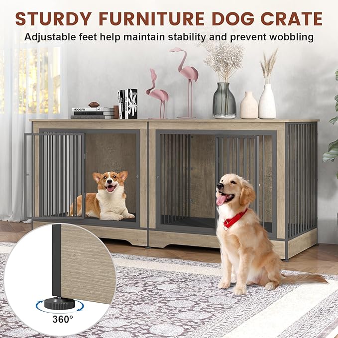 75 Inch Double Dog Crate Furniture for 2 Large Dogs with Trays, 3-in-1 Grey Large Double Dog Kennel TV Stand with Divider