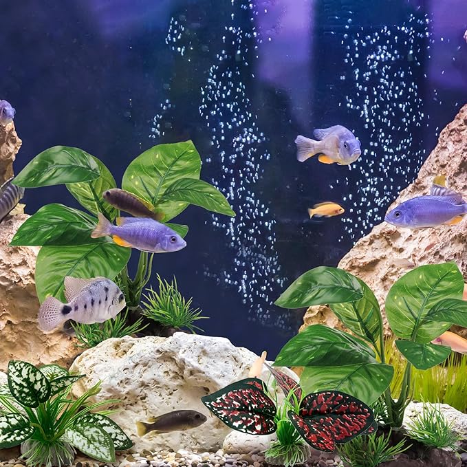 Reptile Artificial Plants, Terrarium Plants Decorations Supplies, Aquarium Fish Tank Plant, Amphibian Habitat Hideout Tank Accessories (M Set-4pcs/G)