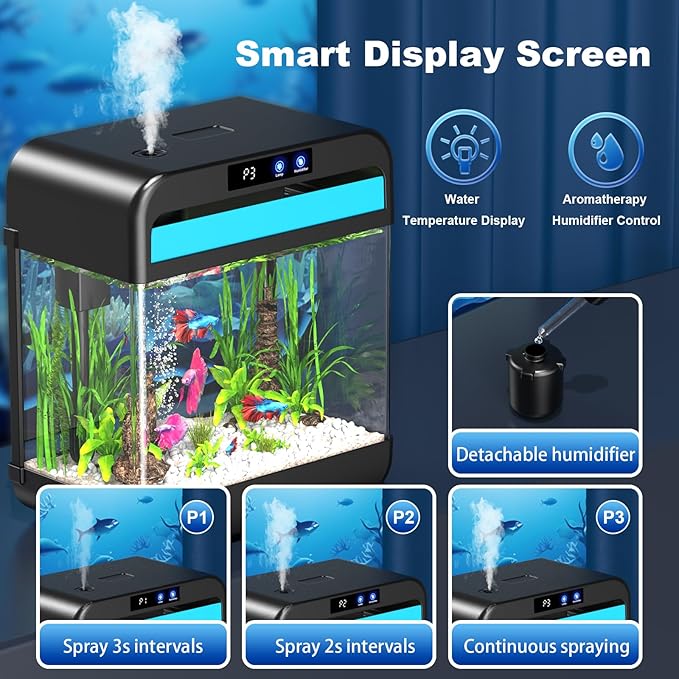 Fish Tank Aquarium 2.2 Gallon with Humidifier 7 Color Looping Light with Timer Self-Cleaning 3 in 1 Water Pump with Filteration & Oxygenation & Circulation, Temperature Display, HD Heat Bending Glass