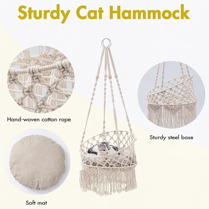 MEWOOFUN Macrame Cat Hammock, Hanging Cat Bed Hammock Cat Swing for Indoor Cats, Boho Cat Swing Bed for Sleeping, Playing, Climbing, and Lounging (Beige)