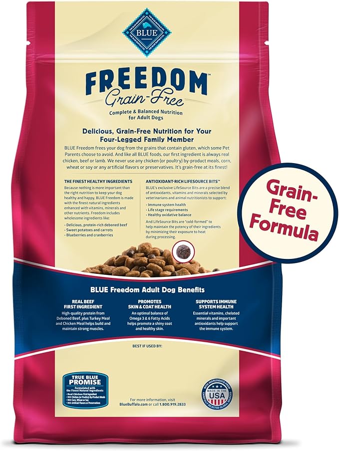 Blue Buffalo Freedom Grain-Free Dry Dog Food, Complete & Balanced Nutrition for Adult Dogs, Made in the USA With Natural Ingredients, Beef & Potatoes, 4-lb. Bag