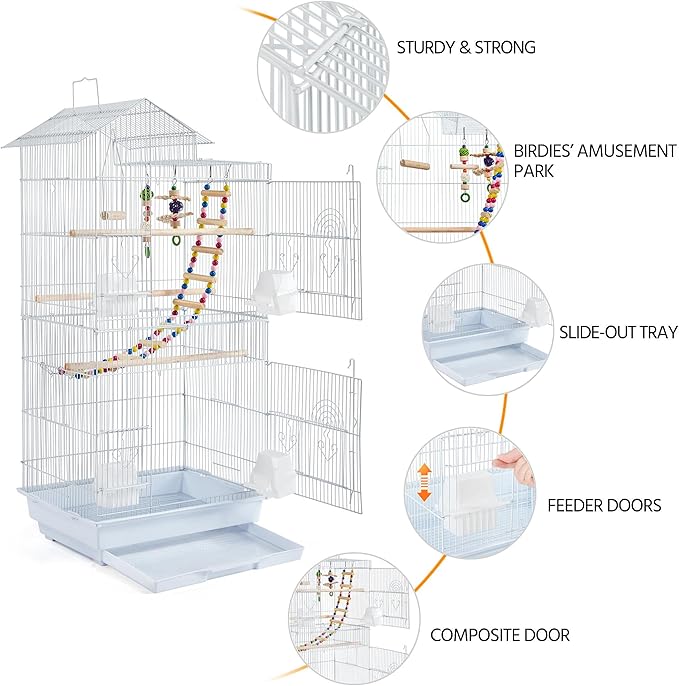 Yaheetech 39-inch Roof Top Medium Parakeet Bird Cages for Cockatiels Conures Finches Budgies Canaries Lovebirds Parakeets Green Cheek Small Birds Parrots, Travel Flight Birdcage w/Toys, White