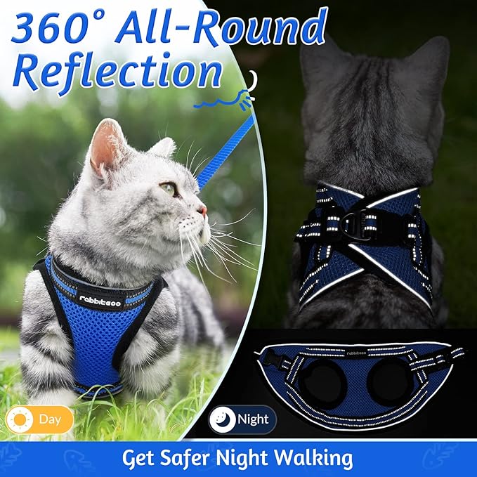 rabbitgoo Cat Harness and Leash Set for Walking Escape Proof, Adjustable Soft Kittens Vest with Reflective Strip for Cats, Comfortable Outdoor Vest, Blue, S