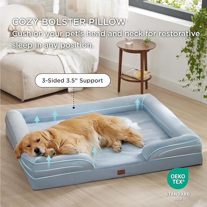 Bedsure XXL Orthopedic Dog Bed - Washable Great Dane Dog Sofa Beds for Giant Dogs, Supportive Foam Pet Couch Bed with Removable Washable Cover, Waterproof Lining and Nonskid Bottom, Light Blue