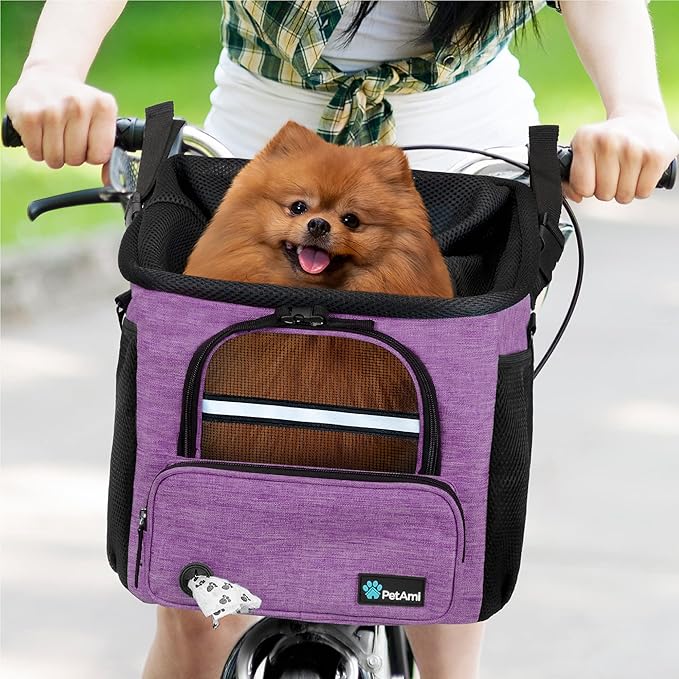 PetAmi Dog Bike Basket, Soft-sided Ventilated Dog Bike Carrier Backpack, Dog Pet Bicycle Basket for Bike Handlebar, Small Medium Puppy Cat Kitten Car Booster Seat with Safety Strap (Purple)