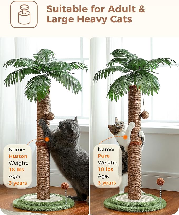 PETEPELA Cat Scratching Post, 33" Tall Cat Scratcher for Large Cats with Interactive Balls& 100% Sisal Covered Kitten Scratch Posts for Indoor Cats(Brown)