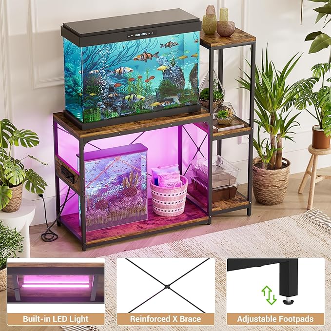 20-29 Gallon Fish Tank Stand with Power Outlet & LED Light, Reversible Wood Aquarium Stand with Shelves for Fish Tank Accessories Storage, Metal Frame, Turtle/Reptile Tank Stand, Rustic Brown