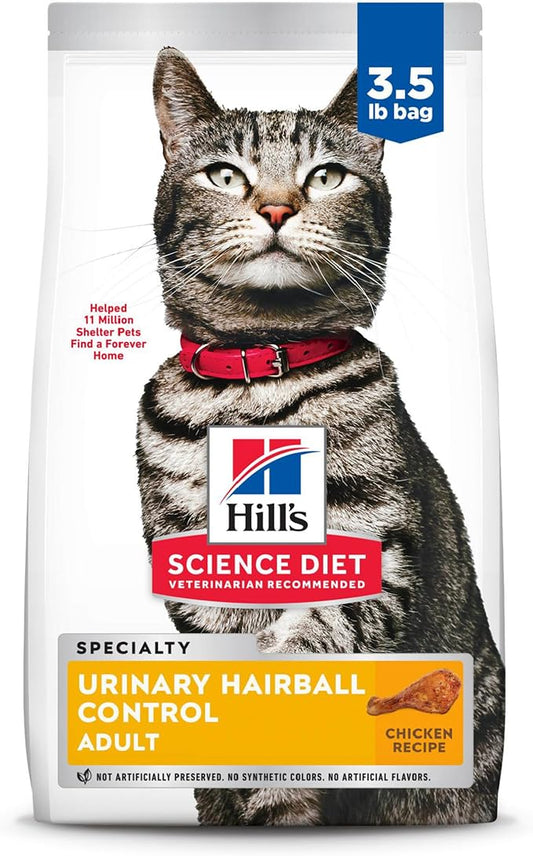 Hill's Science Diet Urinary Hairball Control, Adult 1-6, Urinary Track Health & Hairball Control Support, Dry Cat Food, Chicken Recipe, 3.5 lb Bag