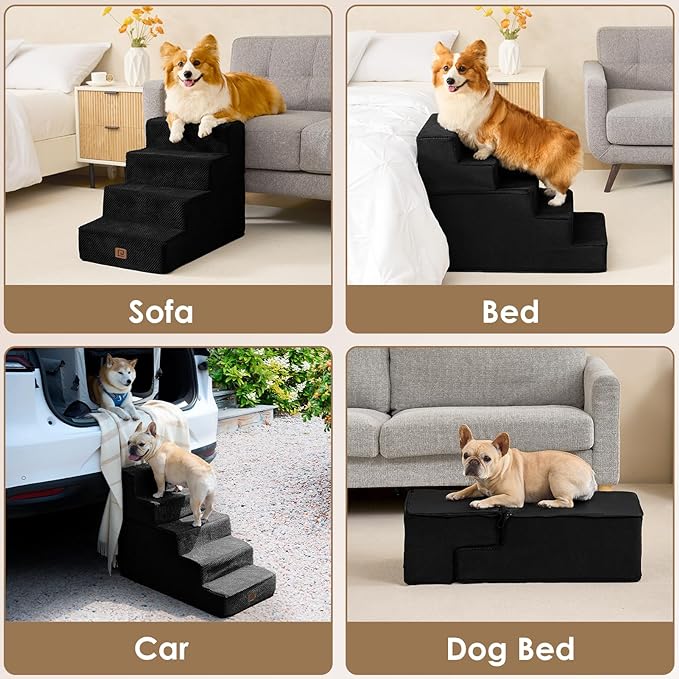 EHEYCIGA Dog Stairs for Small Dogs 13.5" H, 3-Step Dog Steps for Couch Sofa and Chair, Pet Steps for Small Dogs and Cats, Non-Slip Balanced Dog Indoor Ramp, Black