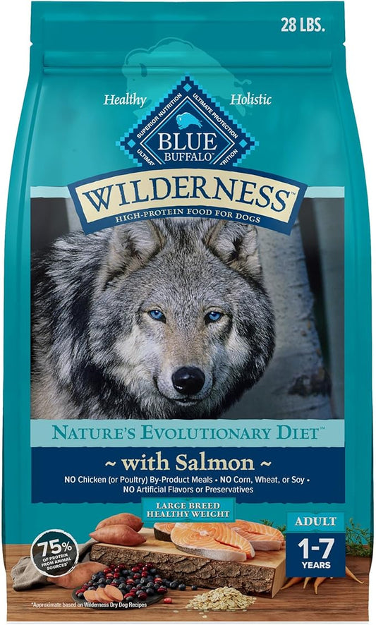 Blue Buffalo Wilderness Natural High-Protein Dry Food for Adult Dogs, with Wholesome Grains, Salmon, 28-lb bag.