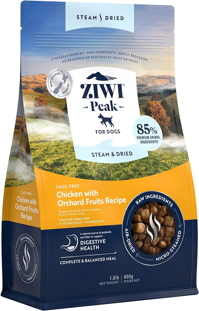 ZIWI Peak Steam & Dried Dog Food – Cage-Free Chicken with Orchard Fruits Recipe - High Protein, Digestive Health, Low Carb, for All Breeds and Lifestages (1.8lb)