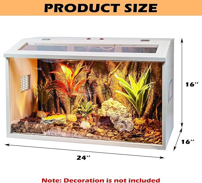 Bearded Dragon Tank, Reptile Enclosure, Snake Tank, Reptile Terrarium, Built-in Light Fixtures with Switch, 2024 Newest Upgrade (23 Gallon, 24" Long, Thick Wood Roof)