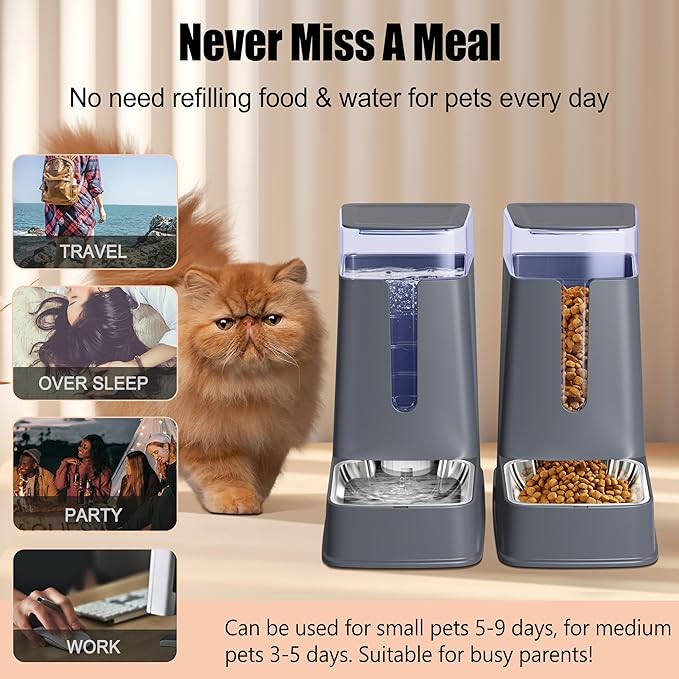 Automatic Cat Feeder and Cat Water Dispenser Set with Stainless Steel Bowls Gravity Dog Feeder for Small Medium Big Dog Pets Puppy Kitten, 1 Gallon x 2