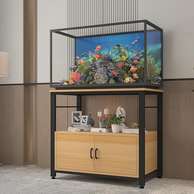 Fish Tank Stand Metal Aquarium Stand with Cabinet Accessories Storage 40-50 Gallon, Double Layer Metal with Storage Weight Capacity 760lbs, Black Walnut Brown