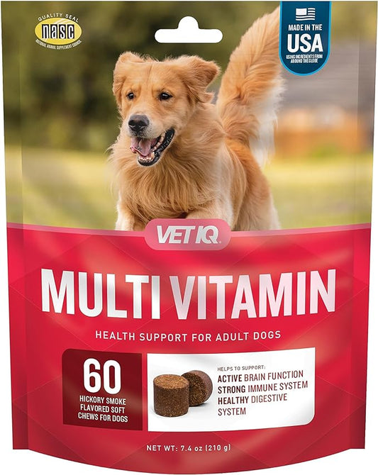 VetIQ Multivitamin Supplement for Dogs, Supports Active Brain Function, Immune System, and Digestive System, Hickory Smoke Flavored Dog Multivitamin, Made in The USA, 60 Count