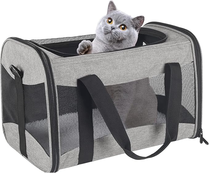 Cat Carrying Case - Pet Carrier Airline Approved, Protable and Breathable Pet Travel Carrier Removable Fleece Pad, Collapsible Cat Carrier Dog Carrier for Medium Cats Small Cats Dogs (X-L grey&black)