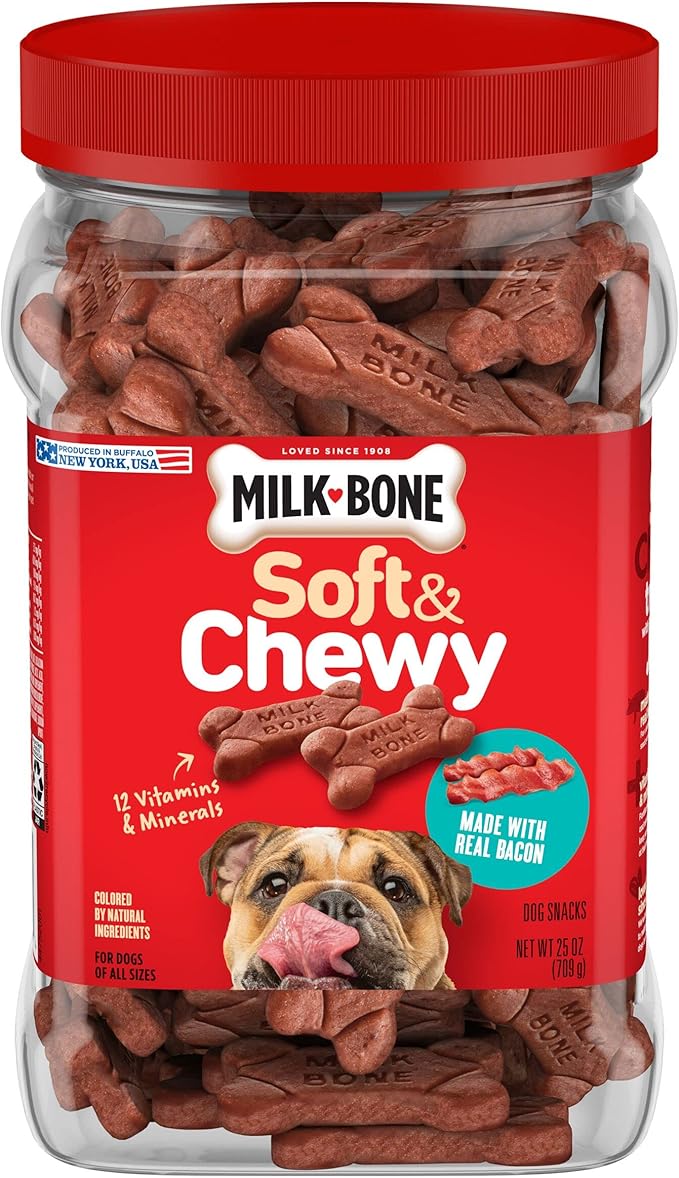 Milk-Bone Soft & Chewy Dog Treats Bundle: Chicken Recipe 25 Ounce + Real Bacon 25 Ounce