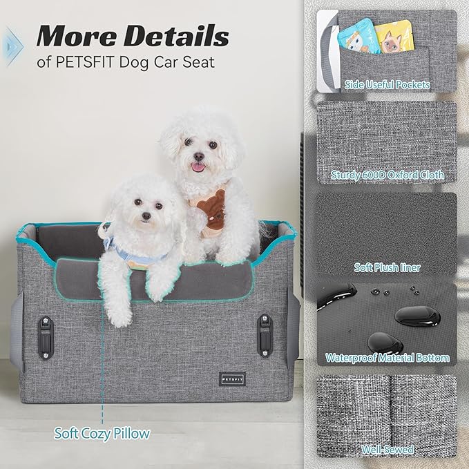 PETSFIT Dog Booster Car Seat, Dog Car Seat for Medium Dogs with 2 Clip-On Safety Leashes, Patented Buckles, Pet Car Seat with Big Pockets for Pets Under 45Lbs (Medium, Grey)