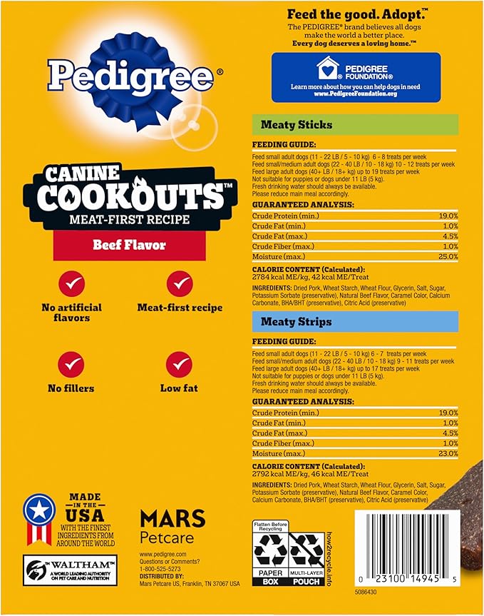 Pedigree Canine Cookout Soft Dog Treats, Beef Flavored Meaty Sticks and Strips, 36.4 oz. Bag