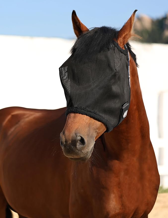Harrison Howard All Round Mesh Horse Fly Mask UV Protective with Fleece Padded Edging Black L