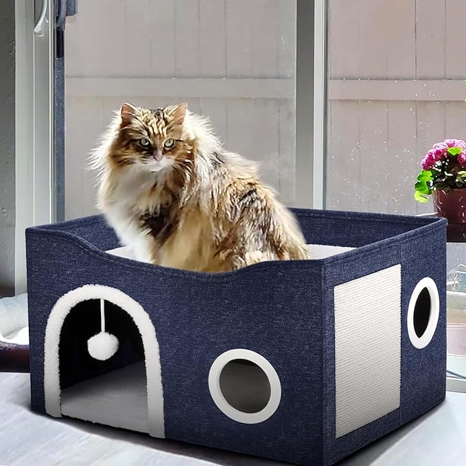 Heeyoo Cat House for Indoor Cats - Large Cat Bed Cave with Fluffy Ball and Scratch Pad, Foldable Cat Houses & Condos, Cat Cubes, Cat Hideaway, Covered Cat Bed for Multi Small Pet Large Kitty