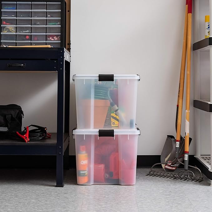 IRIS USA 74 Qt Storage Box with Gasket Seal Lid, 2 Pack - BPA-Free, Made in USA - Heavy Duty Moving Containers with Tight Latch, Weather Proof Tote Bin, WEATHERPRO - Clear/Black