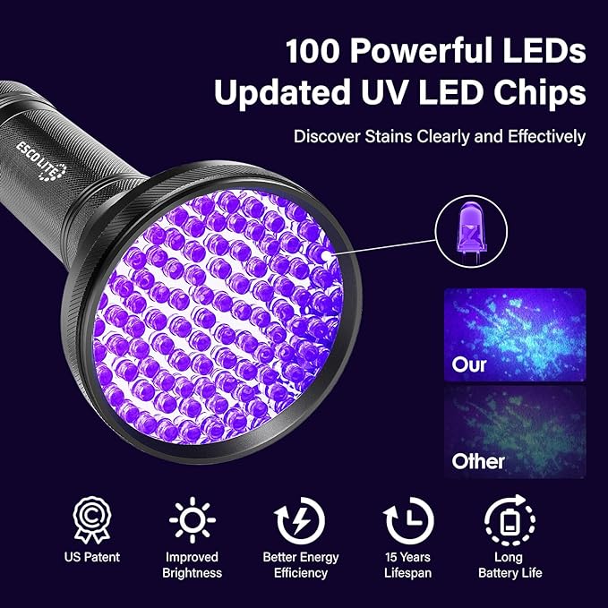 Escolite UV Flashlight Black Light, 100 LED 395 nM Ultraviolet Flashlights UV blacklight Detector for Dog Urine, Pet Stains and Bed Bug, Matching with Pet Odor Eliminator