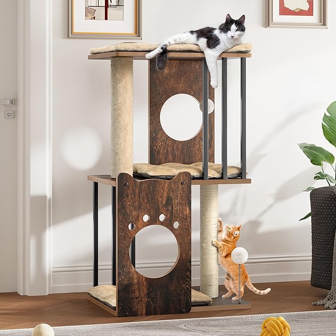 YITAHOME 43.1in 3-Level Modern Cat Tree for Large Indoor Cats, Wooden Cat Tower with Scratching Posts, Detachable Cushions, Spring Ball, Pom-pom, Rustic Brown