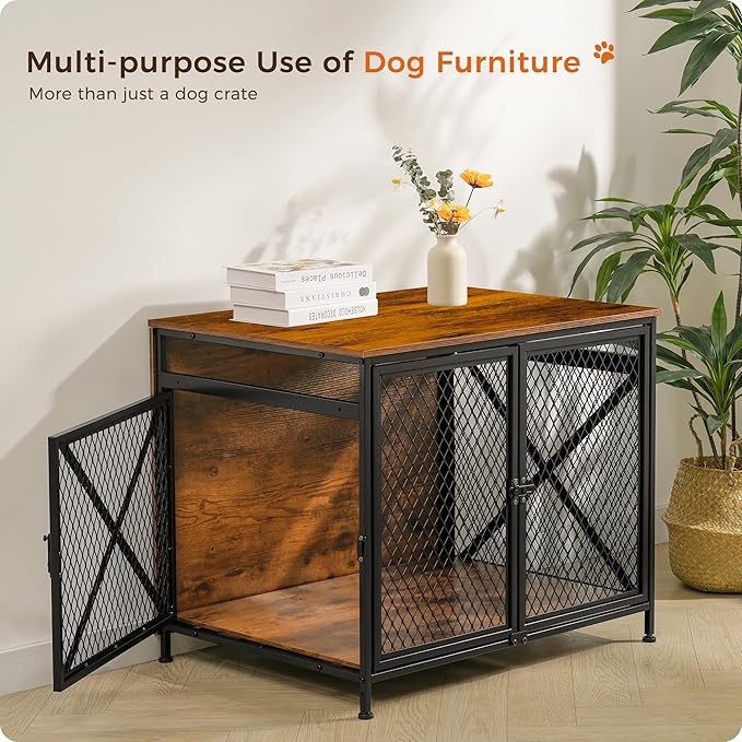 DWANTON Dog Crate Furniture, 25" L Three-Door Wooden Dog Kennel Indoor, Connectable expansion, Wooden Dog Crate Table for Small/Medium/Large Dog, Dog House, Dog Cage Large, Rustic Brown