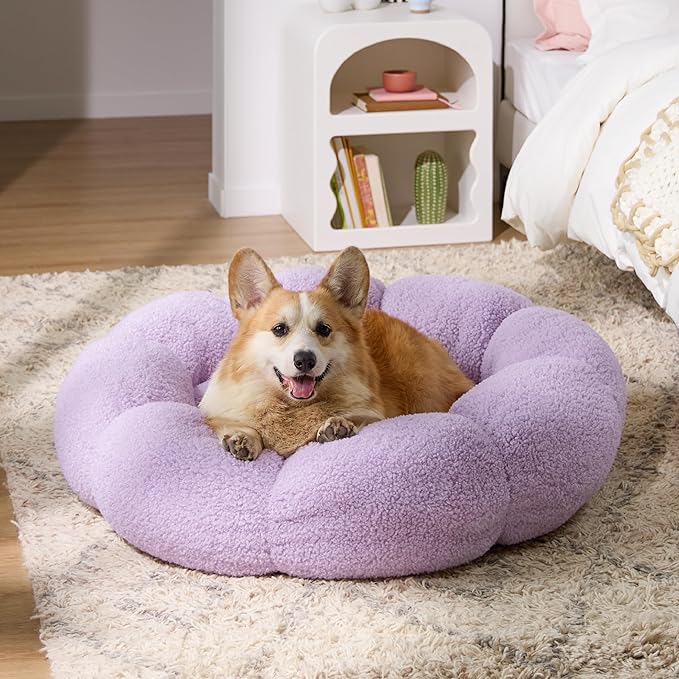 Lesure Calming Large Dog Bed - Flower Donut Round Fluffy Puppy Bed in Plush Teddy Sherpa, Non-Slip Cute Flower Dog Beds, Large Pet Bed Fits up to 100 lbs, Machine Washable, Purple 36"