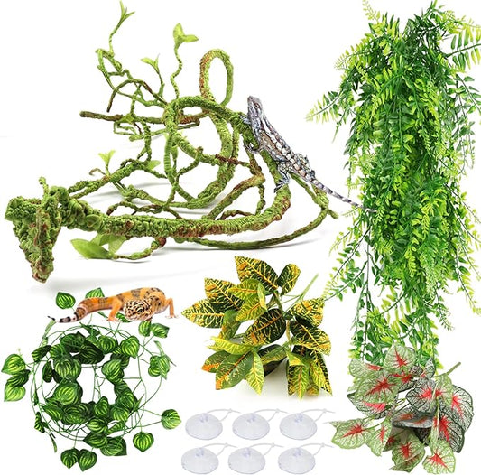 Reptile Plants, Terrarium Hanging Plant Vines Artificial Leaves Reptile Hide, Leopard Gecko Tank Accessories, Terrarium Decorations for Bearded Dragon Lizard Snake Geckos Chameleon