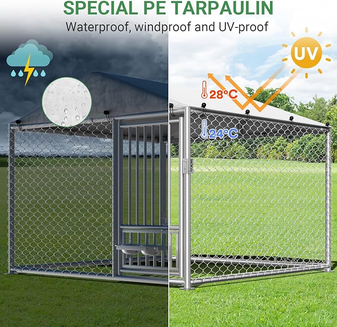 Outdoor Dog Kennel with Roof, Outside Dog Kennel Heavy Duty Dog Run Fence with Waterproof Sun-Proof Cover and 2 Stainless Steel Dog Bowl