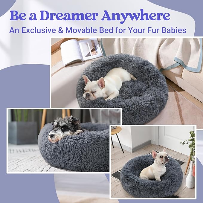 rabbitgoo Calming Dog Bed for Small Dog, 27 inches Pet Bed Washable, Fluffy Round Bed, Non-Slip Plush Large Cat Bed, Soft Cushion for Puppy, Dark Grey