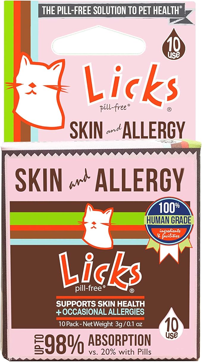 Licks Pill-Free Cat Skin and Allergy - Omega 3 Cat Allergy Relief - Cat Vitamins & Supplements for Itchy Skin - Turmeric Supplement for Cat Skin - Gel Packets - 10 Use