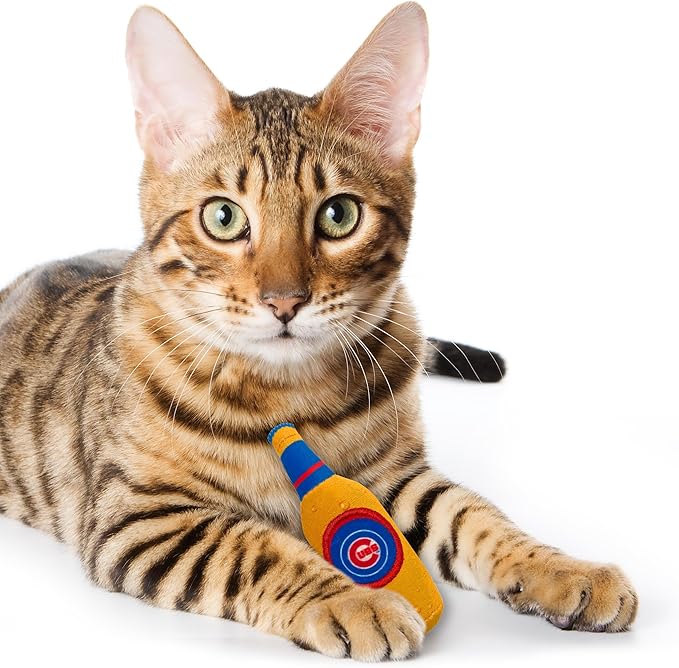 BEST PLUSH CAT TOY: MLB CHICAGO CUBS Complete Set of 3 piece Cat Toys filled with Fresh Catnip. Includes: 1 Baseball Cap Cat Toy, 1 Baseball Cat Toy with Feathers & 1 Beer Bottle. Beautiful Team LOGOS