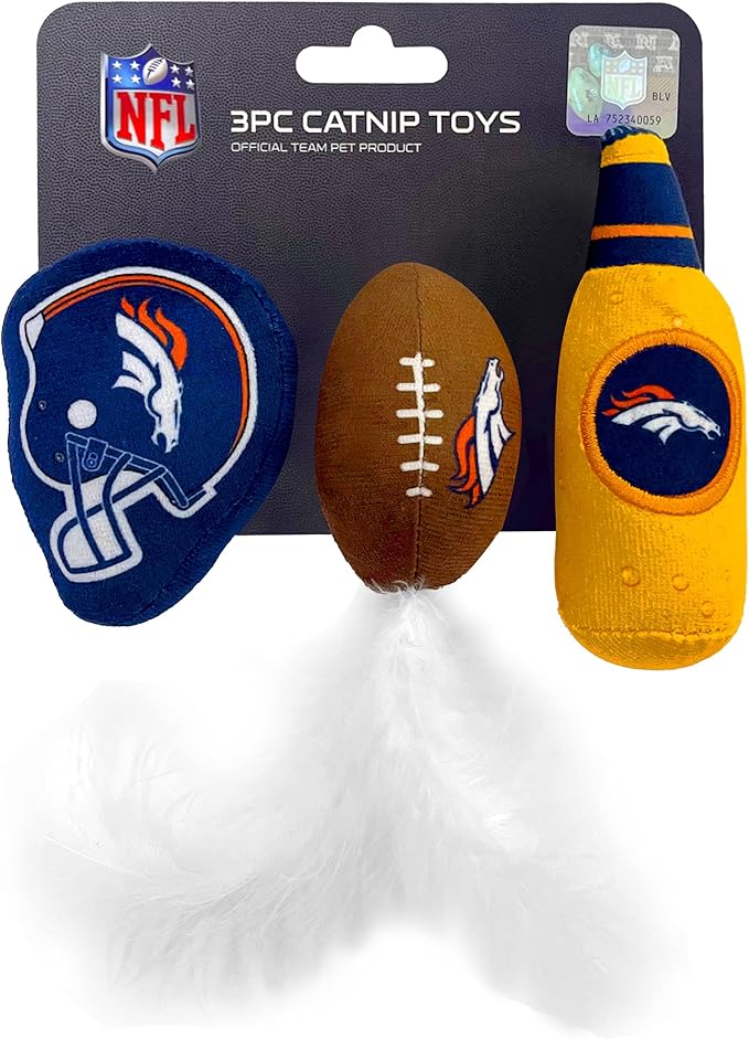 BEST PLUSH CAT TOY - NFL DENVER BRONCOS Complete Set of 3 piece Cat Toys filled with Fresh Catnip. Includes: 1 Helmet Cat Toy, 1 Football Cat Toy with Feathers & 1 Beer Bottle. Beautiful Team LOGOS