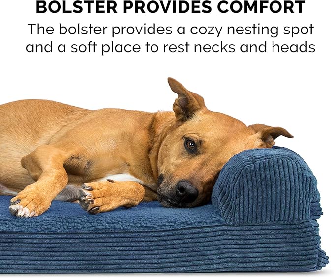 Furhaven Orthopedic Dog Bed for Large Dogs w/ Removable Bolster & Washable Cover, For Dogs Up to 125 lbs - Fleece & Corduroy Bolster Chaise - Navy Blue, Jumbo Plus/XXL