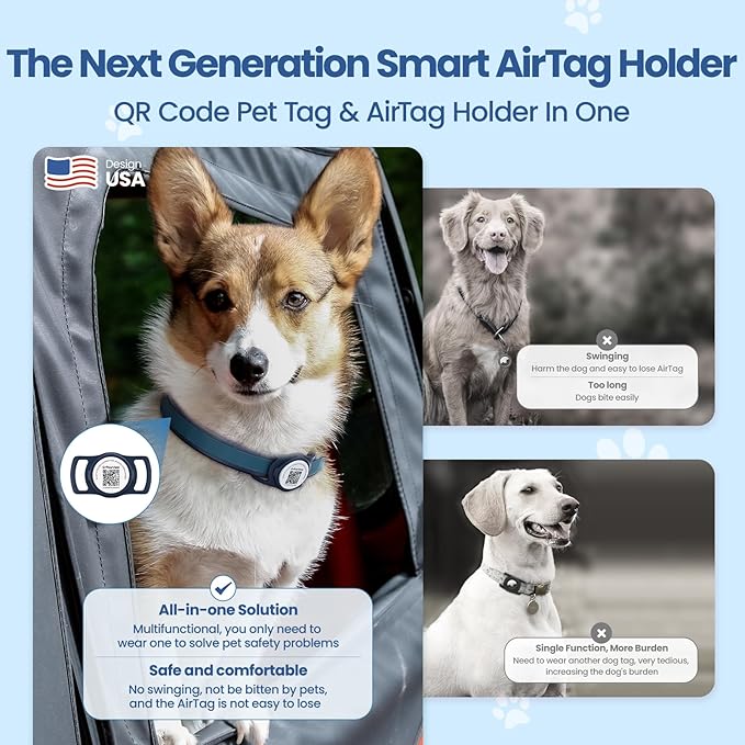 AirTag Dog Collar Holder, Smart QR Code AirTag Holder for Cats and Dogs - Scan Alert | Instant Location | Pet Online Profile | Contacts Info | Pet APP Remote Control (1 Pack, Navy Blue)