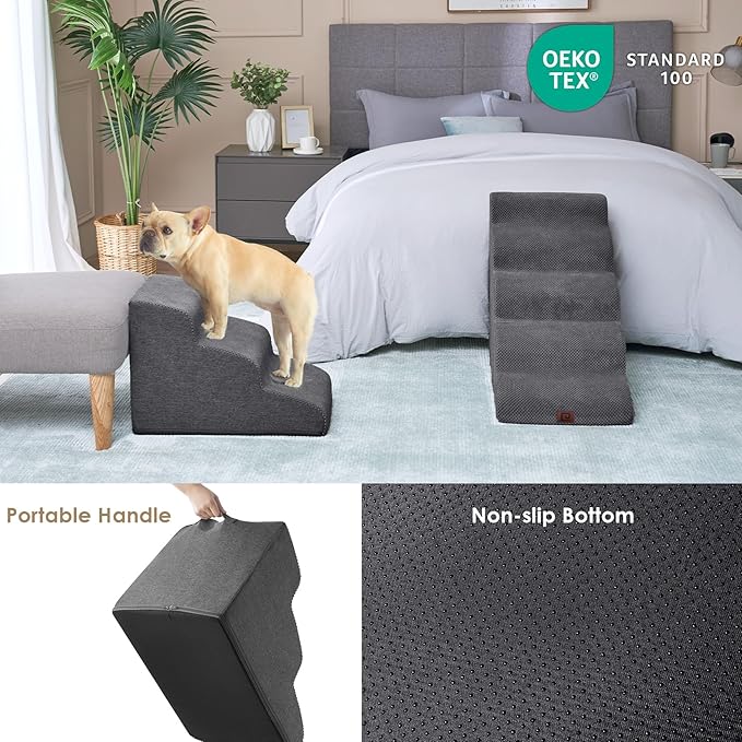 EHEYCIGA Curved Dog Stairs for Small Dogs 15.7" H, 3-Step Dog Steps for Couch Sofa and Chair, Pet Stairs for Cats, Non-Slip Balanced Pet Steps Indoor, Grey