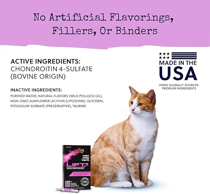 Lift Feline Pain Relief Supplement Inflammation Hip & Joint Support Vitamin for Cats - Natural Chrondroitin with Liposomal Delivery for Arthritis - Drug Free - All Ages