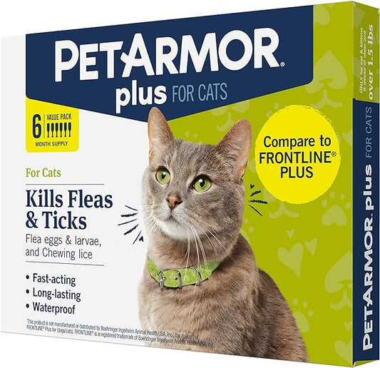 PetArmor Plus Flea and Tick Prevention for Cats, Cat Flea and Tick Treatment, 6 Doses, Waterproof Topical, Fast Acting, Cats Over 1.5 lbs