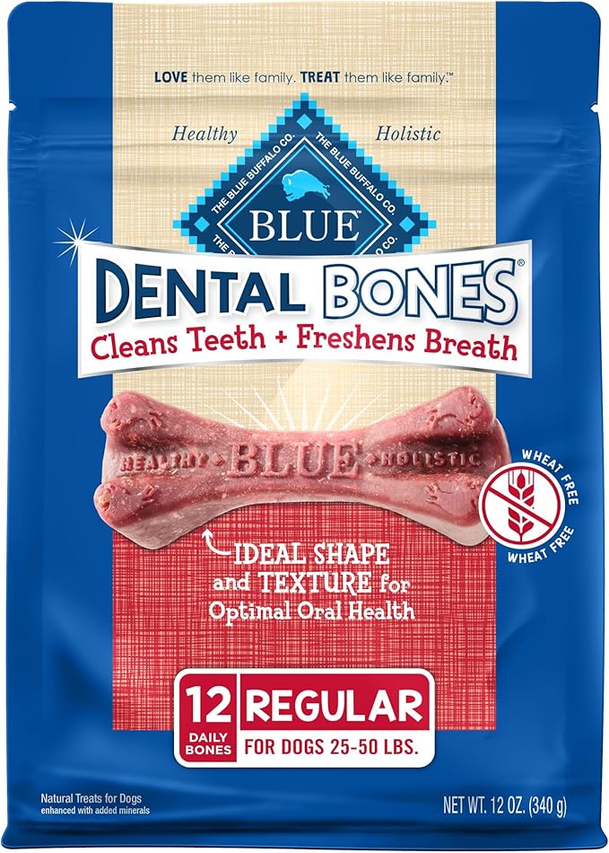 Blue Buffalo Dental Bones Regular Natural Dental Chew Dog Treats, (25-50 lbs) 12-oz Bag